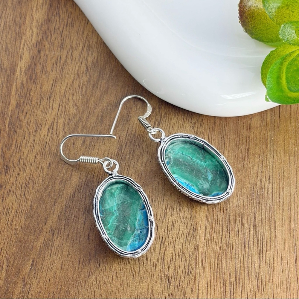 Boho Southwest Malachite Chrysocolla Earrings 925 Sterling Silver Overlay - Picture 5 of 6